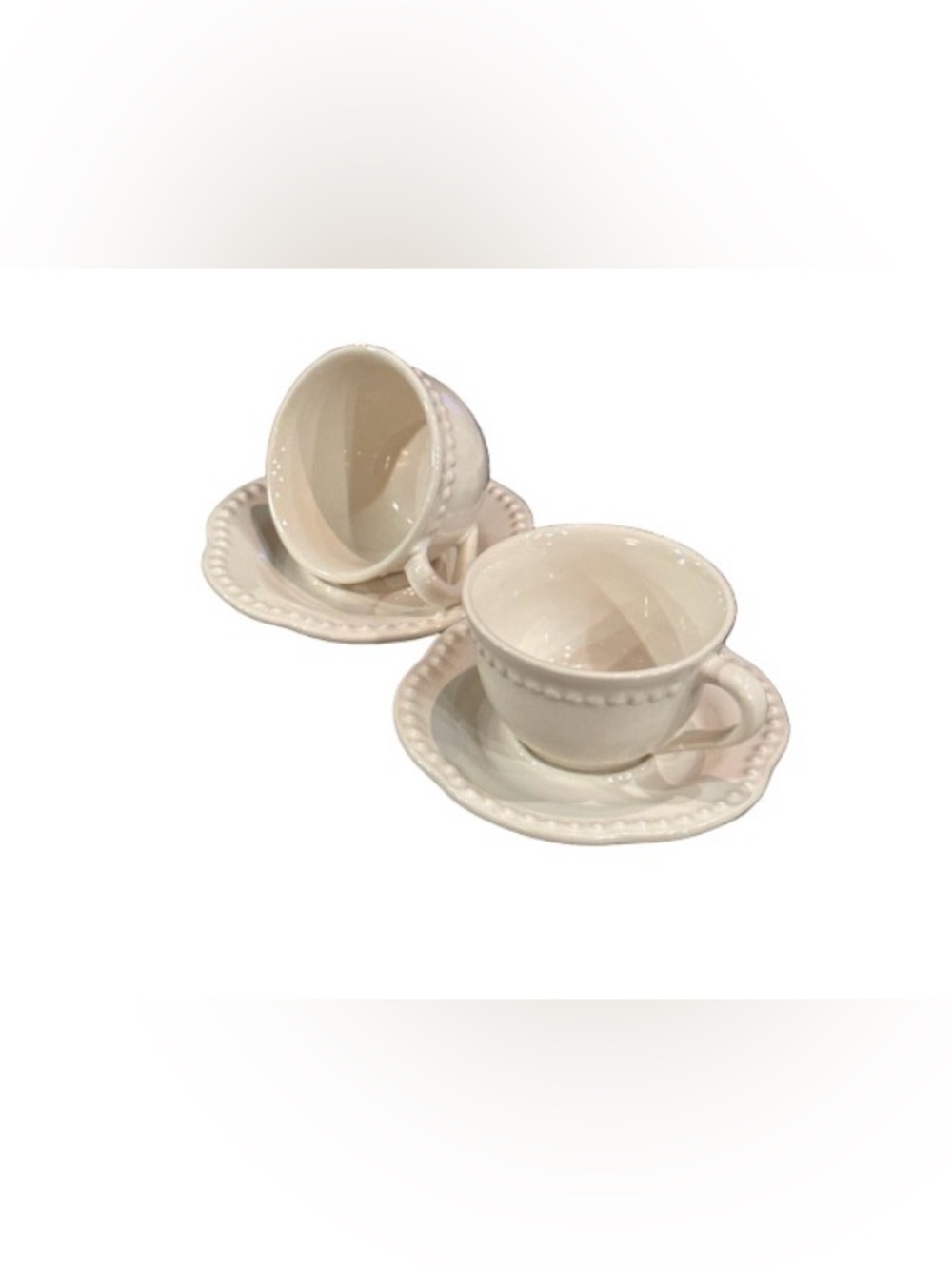 Pottery Barn Emma white Ceramic Cup & saucer with Beaded Edge - Set of 2